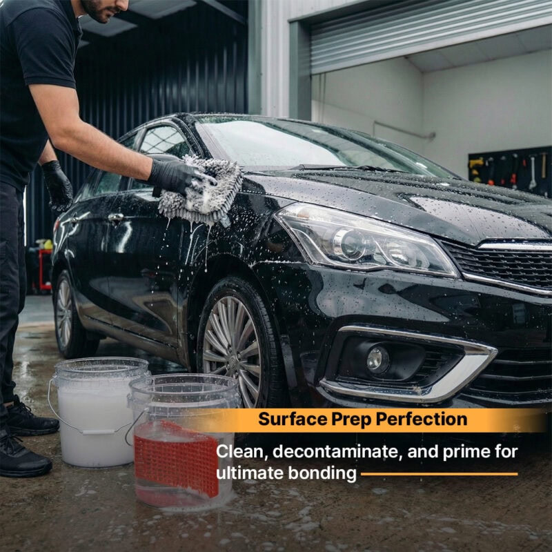 Automotive detailing and car wash at Motor Headz, preparing vehicle surface for bonding.