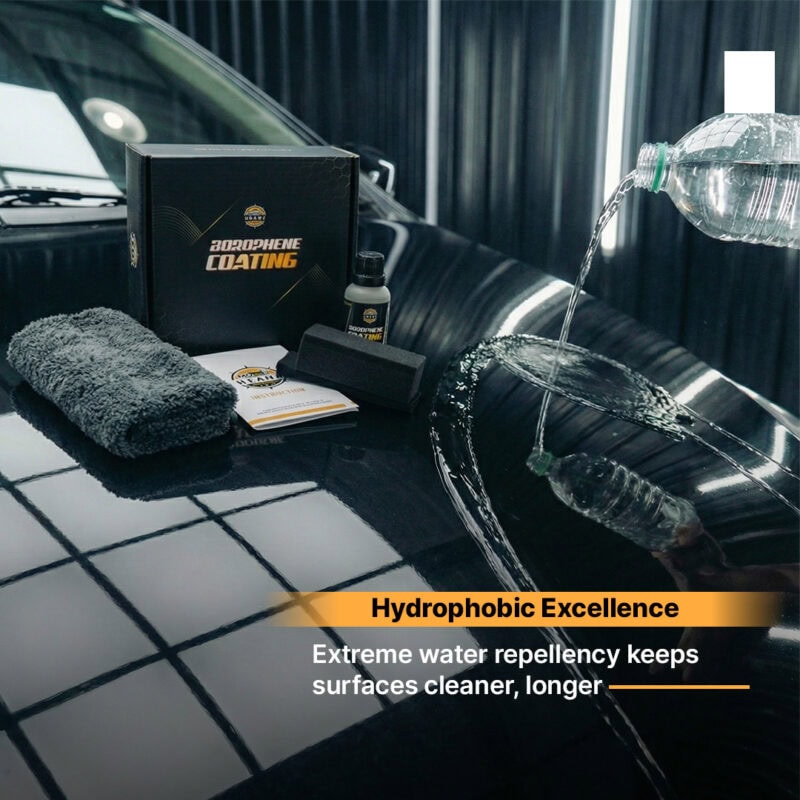 Hydrophobic car coating waterproofing for vehicle paint protection and shine enhancement.