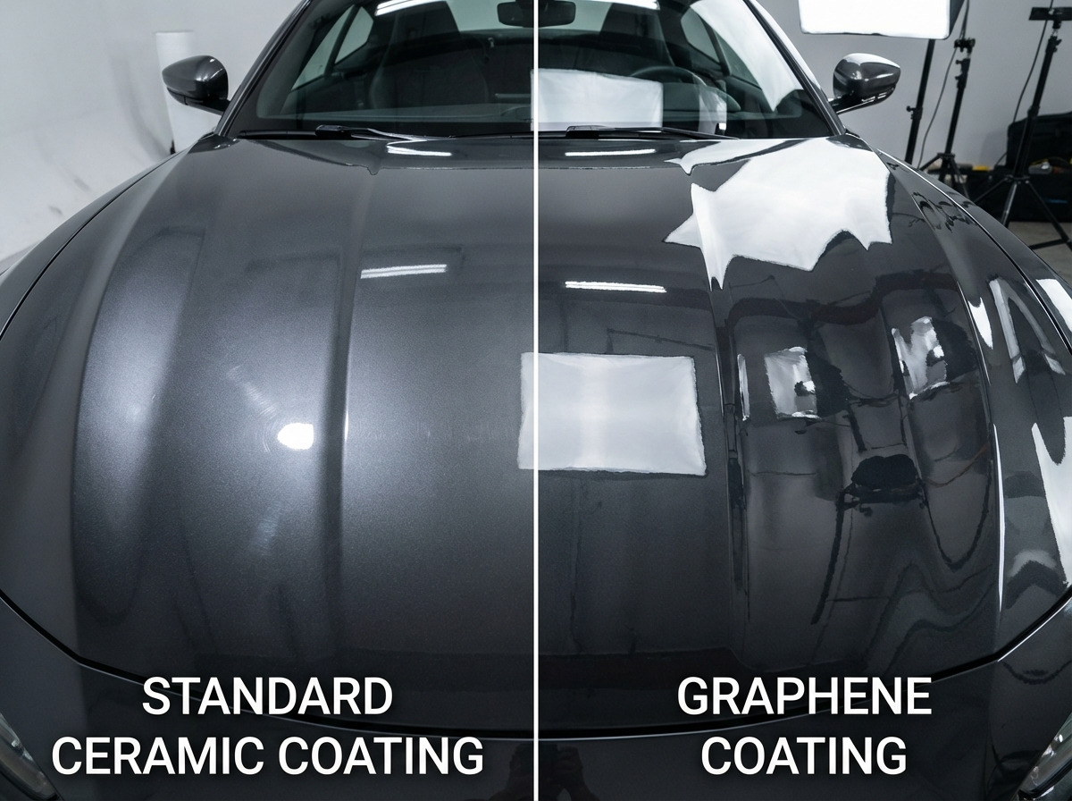 Black sports car with graphene coating showing extreme water beading and glossy finish