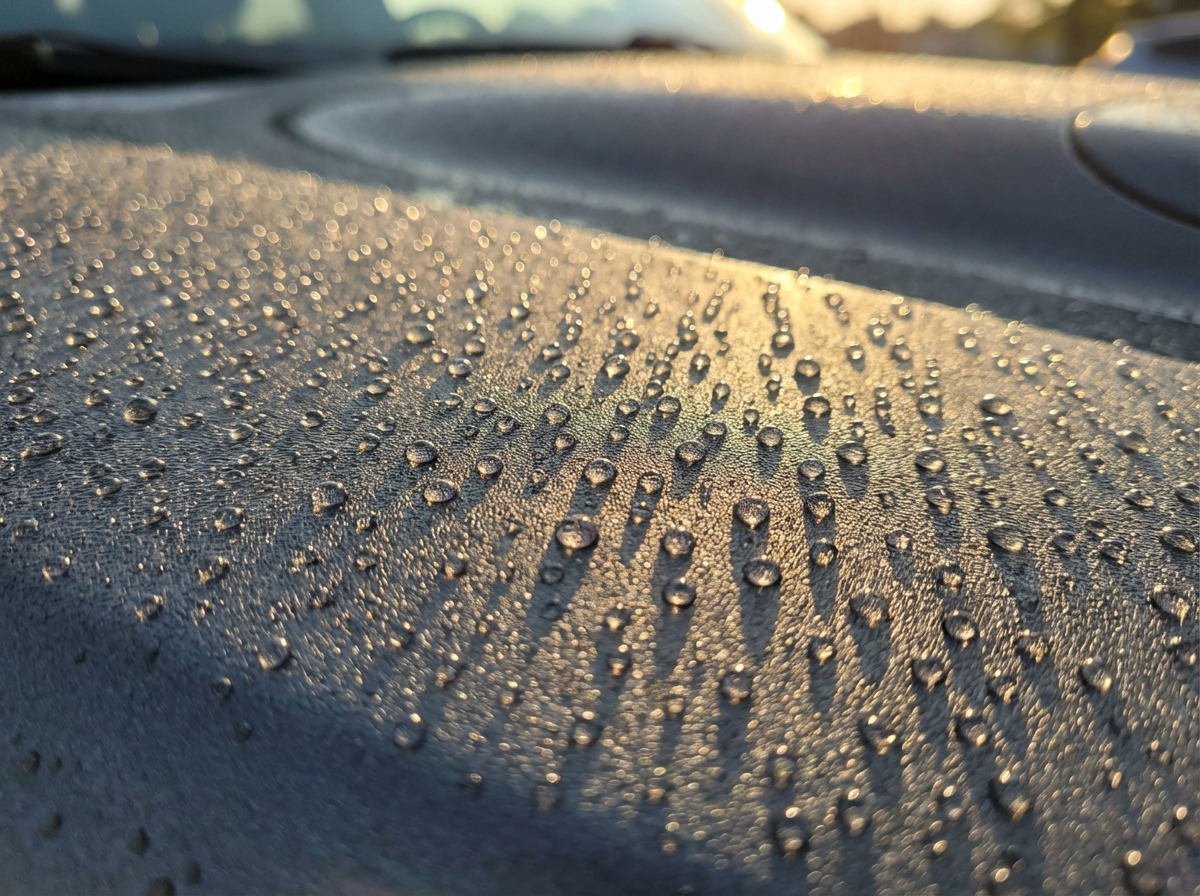 Professional applying graphene coating to black car in controlled environment
