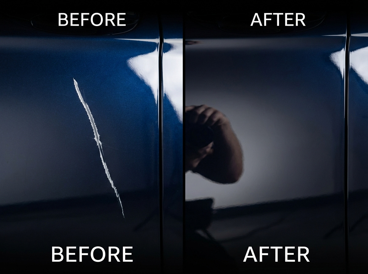 Motor Headz Scratch Remover applied on black car paint showing before/after results