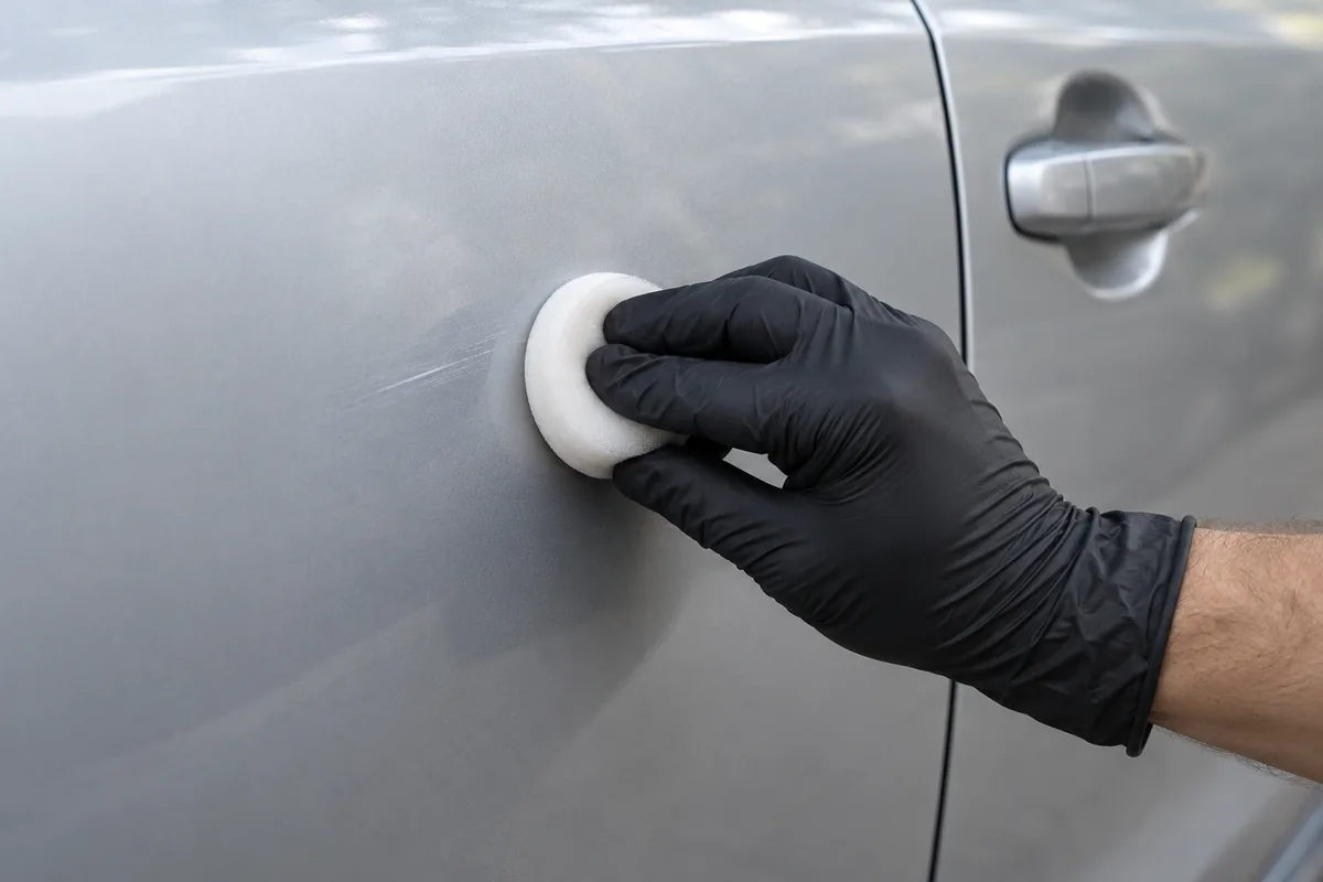 Gloved hand using a small white foam applicator on a local area of a silver car door