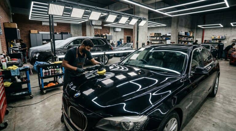 Machine polishing a dark car hood in a detailing workshop