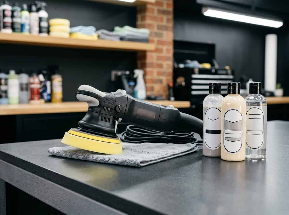 A dual-action polisher and finishing pad beside bottles of car polish on a clean workshop table