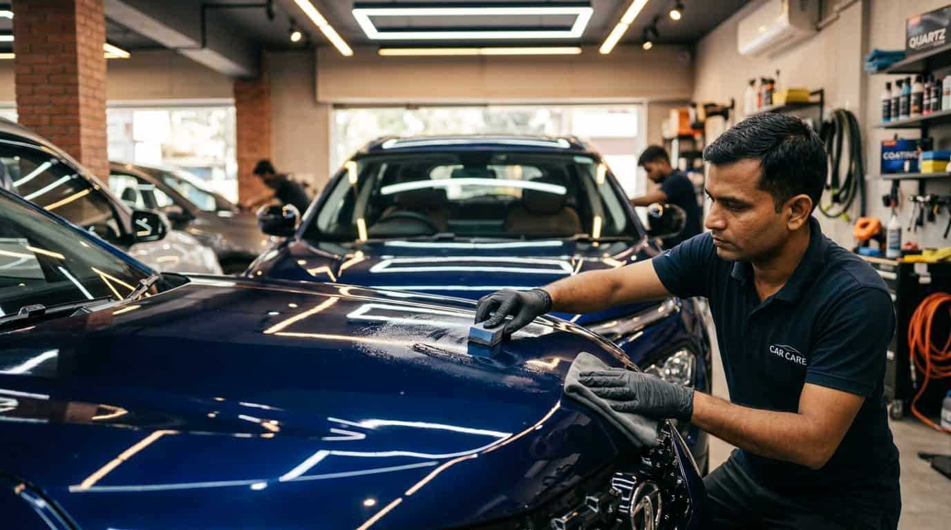A glossy black car under detailing lights after a paint protection treatment