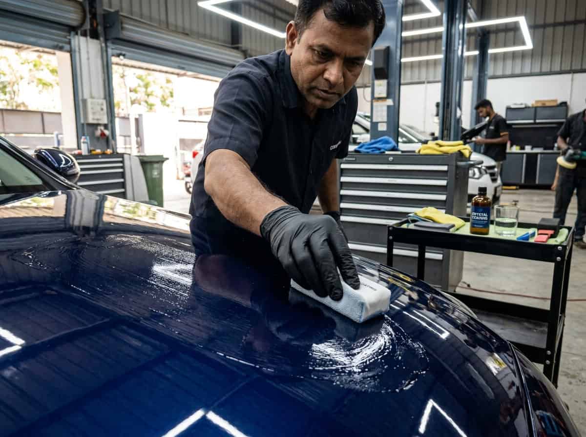 A close-up of a dark car door reflecting workshop lights after a glossy coating application