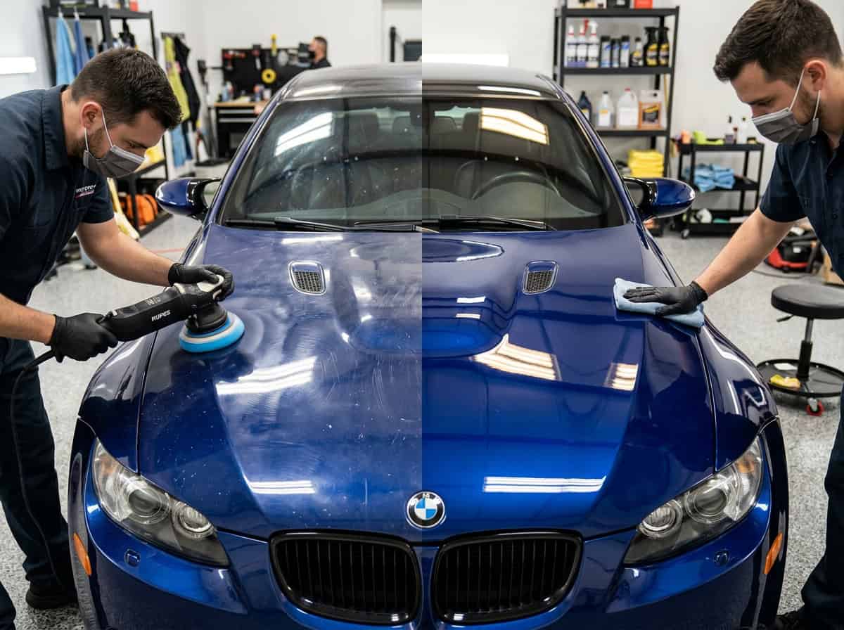 Water beading on a coated car bonnet parked under bright daylight