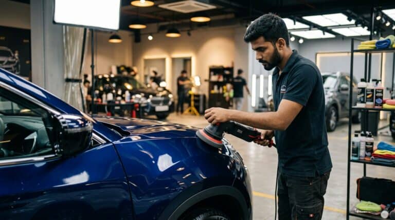 A dual-action polisher, foam pads, and polish bottles arranged on a detailing table