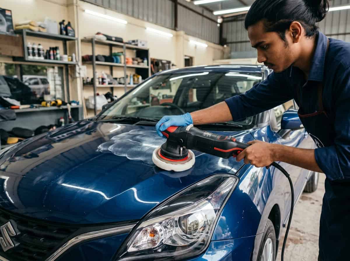 A beginner-friendly dual-action polisher beside foam pads and microfiber towels in a workshop