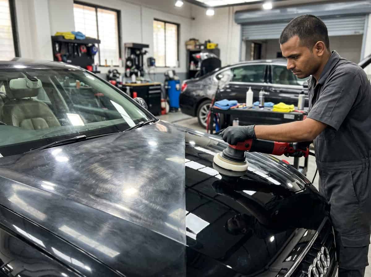 A close-up of a dual-action polisher working on a bonnet with a foam polishing pad
