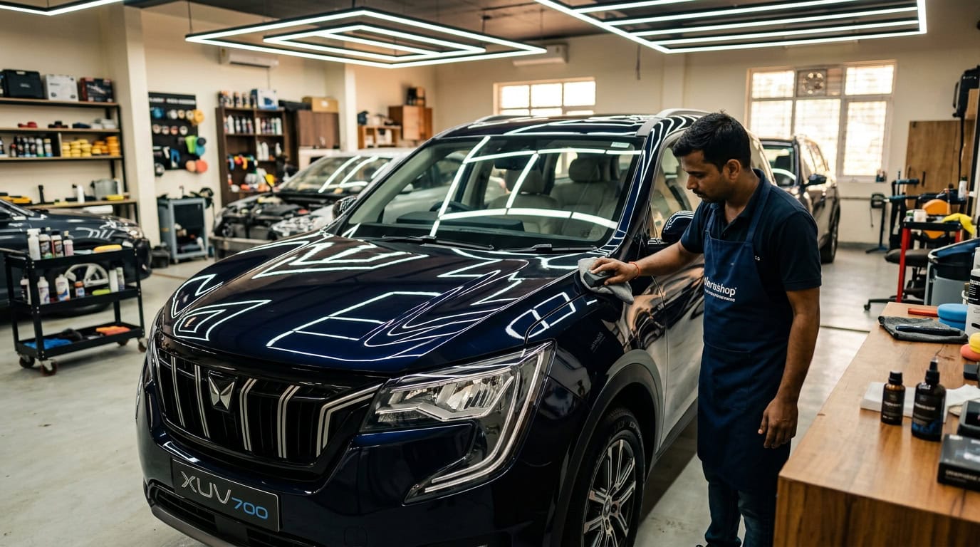 A coated grey SUV with water beading on the bonnet under bright daylight