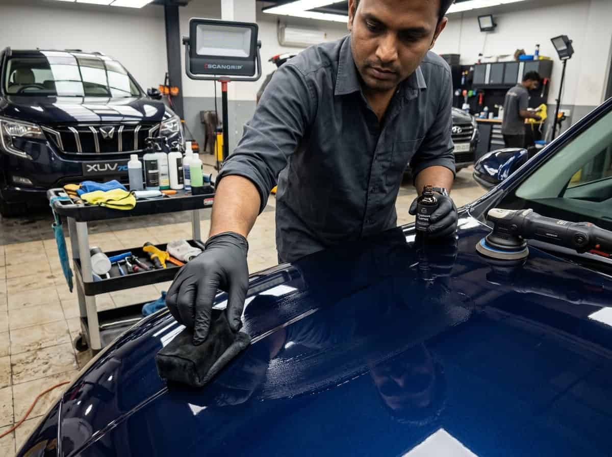A glossy car hood showing dense water beads after a premium coating application