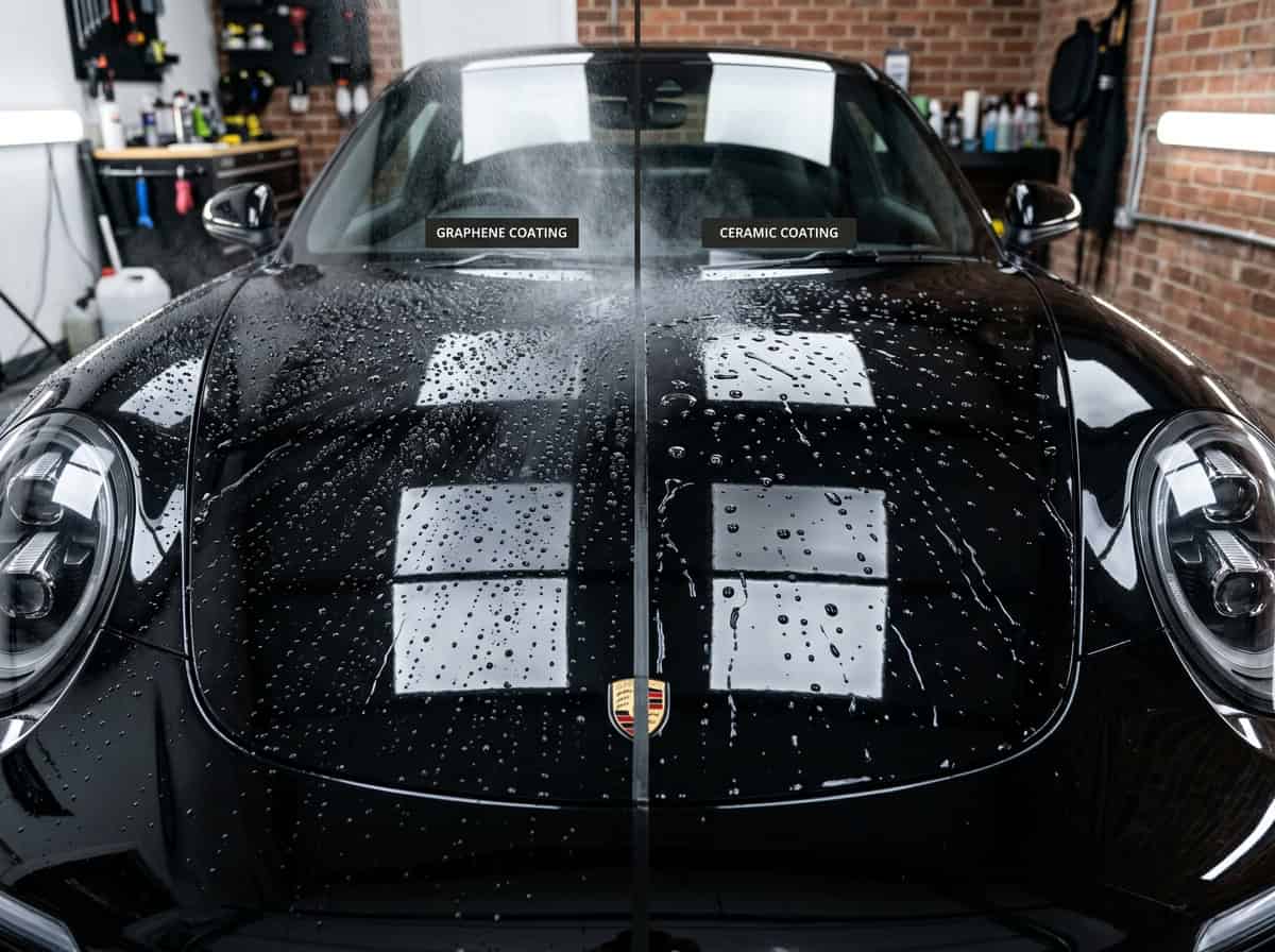 A detailer inspecting a coated SUV panel with bright LED lights in a studio