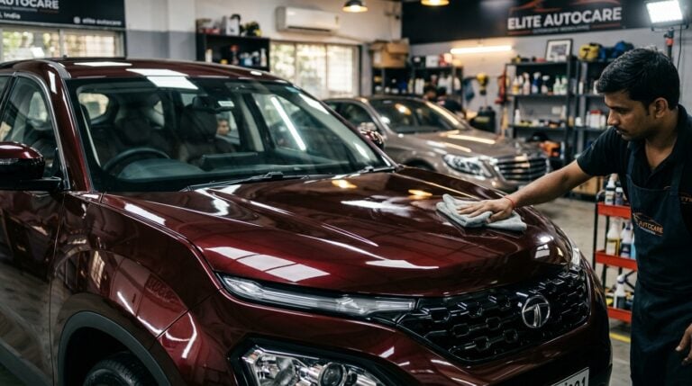 A bright red car with glossy paint parked outdoors after ceramic coating treatment