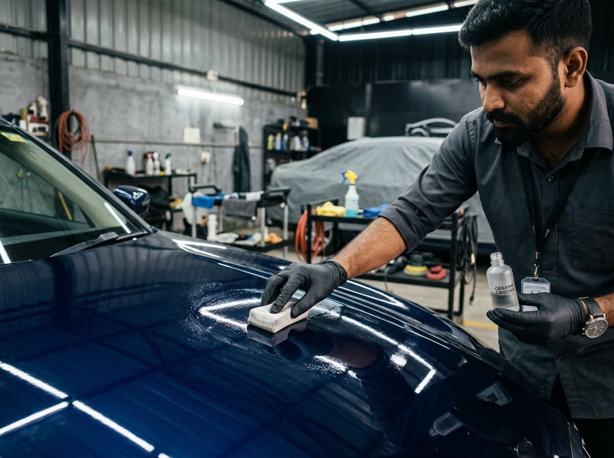 A ceramic-coated car bonnet showing strong reflections and clean water beading in sunlight