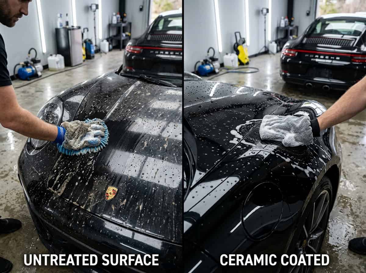 A detailer inspecting a glossy coated door panel with LED lights in a studio