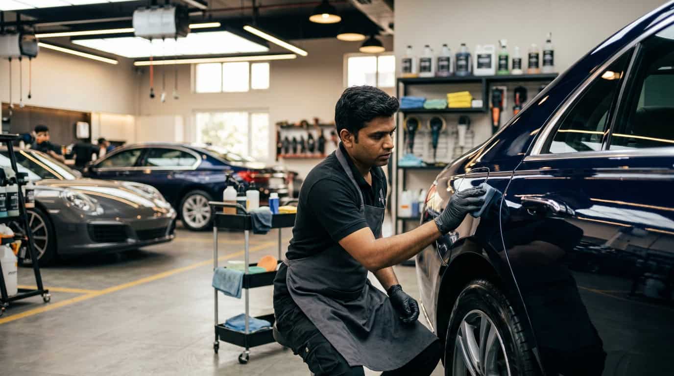 A professional detailer cleaning and polishing a car in a bright workshop