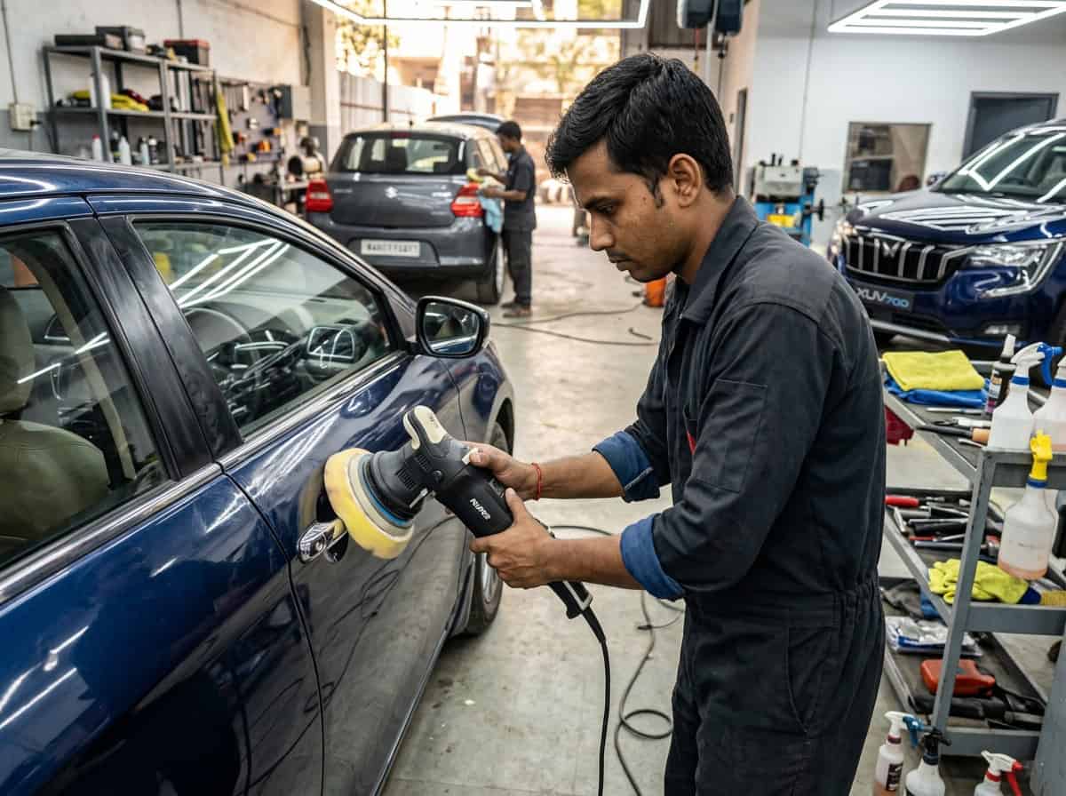 A detailer foam-washing a car before paint decontamination in a professional studio