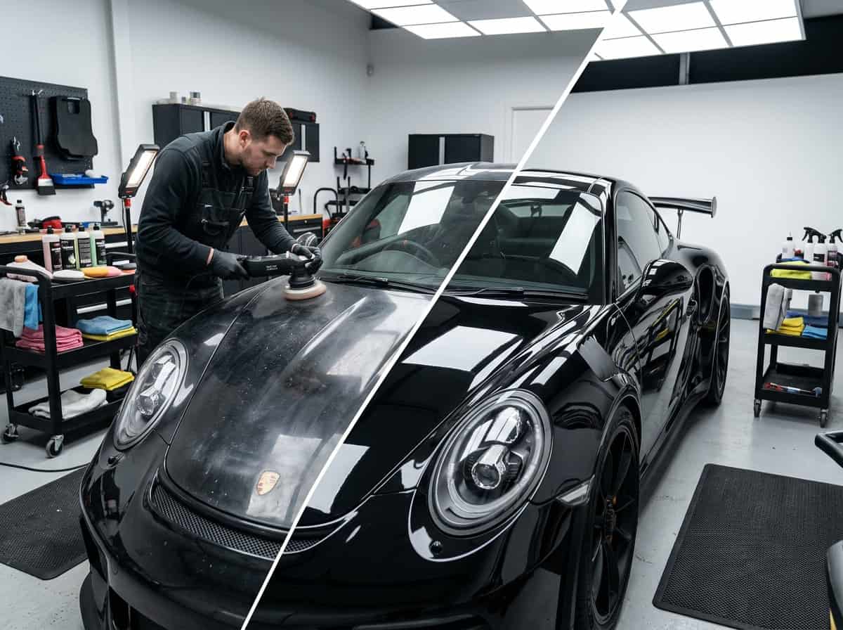 A split view of a car interior before and after professional detailing