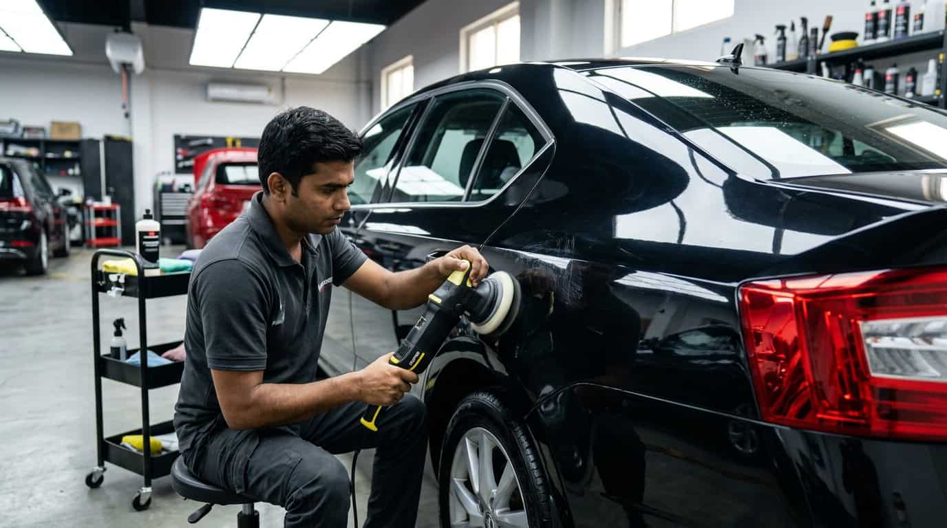 A close-up of a car door panel being inspected for scratches under detailing lights