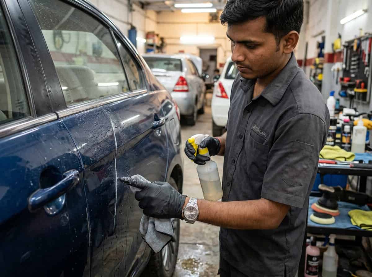 A car owner checking a light scratch on a dark car panel using a handheld inspection light