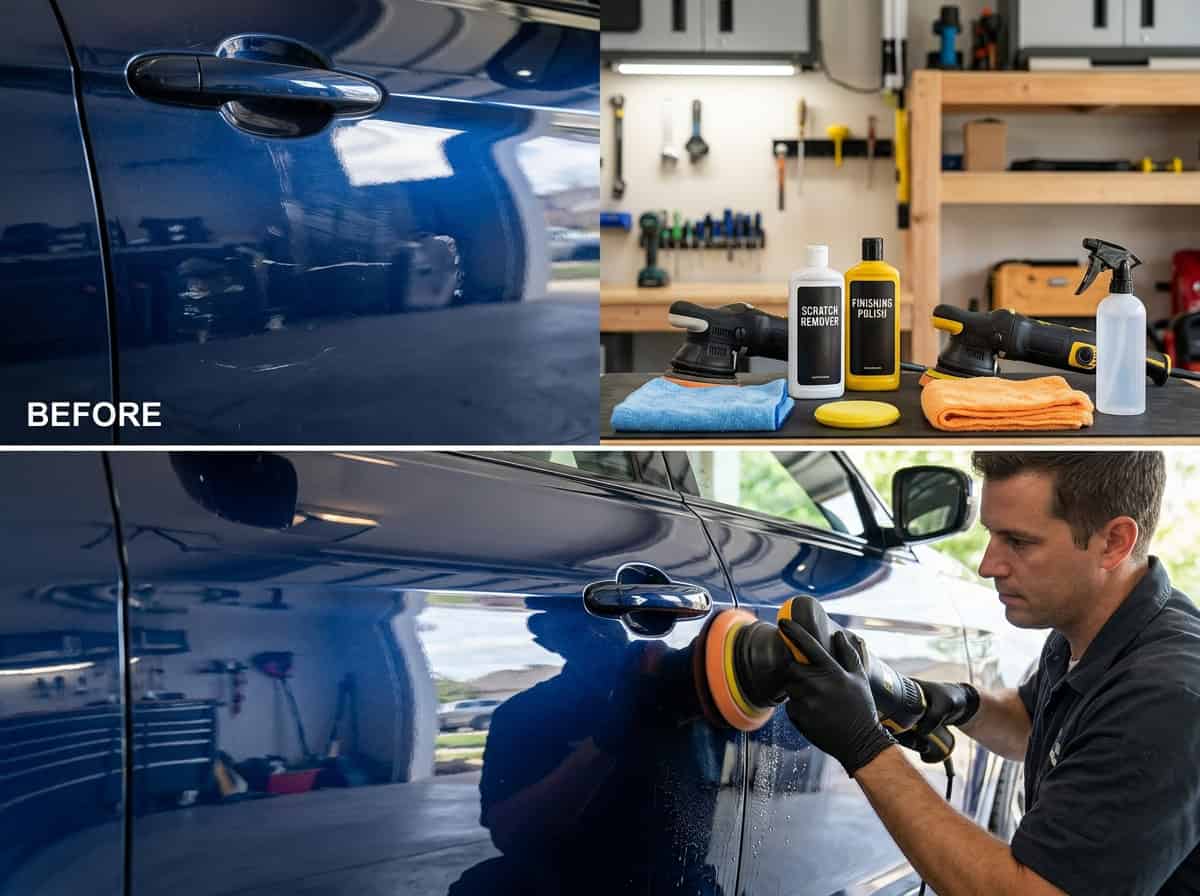 Car detailing products including polish, compound, touch-up paint, and microfiber cloths arranged on a workbench