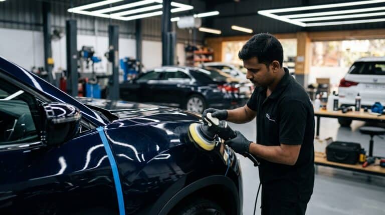 A detailer polishing a black car panel under bright workshop lights during paint correction