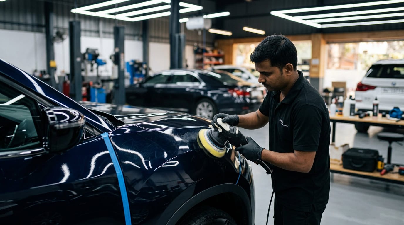 A detailer polishing a black car panel under bright workshop lights during paint correction