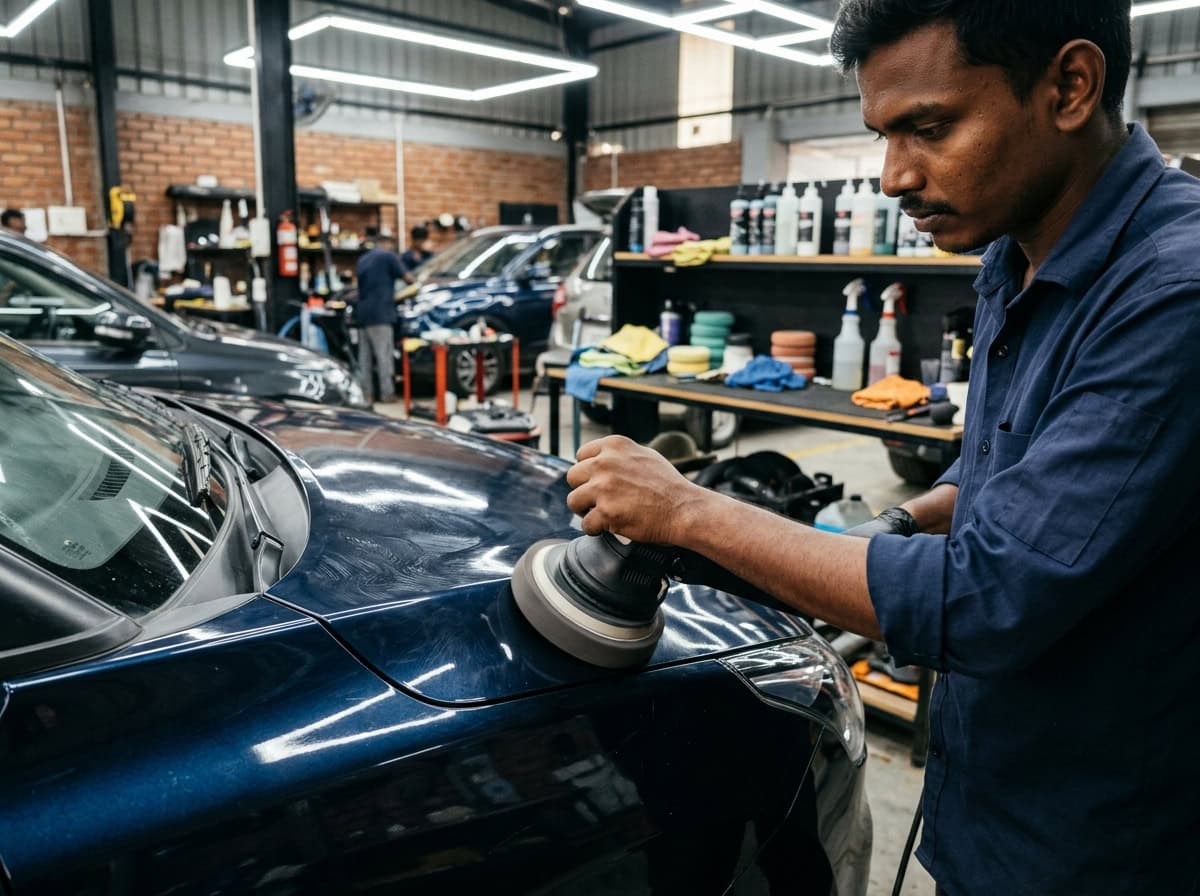 A black car bonnet showing heavy swirl marks under inspection light before polishing