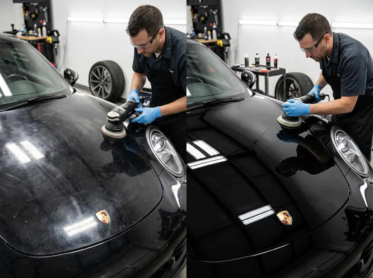 A dual-action polisher, pads, compound and polish arranged beside a corrected glossy car fender