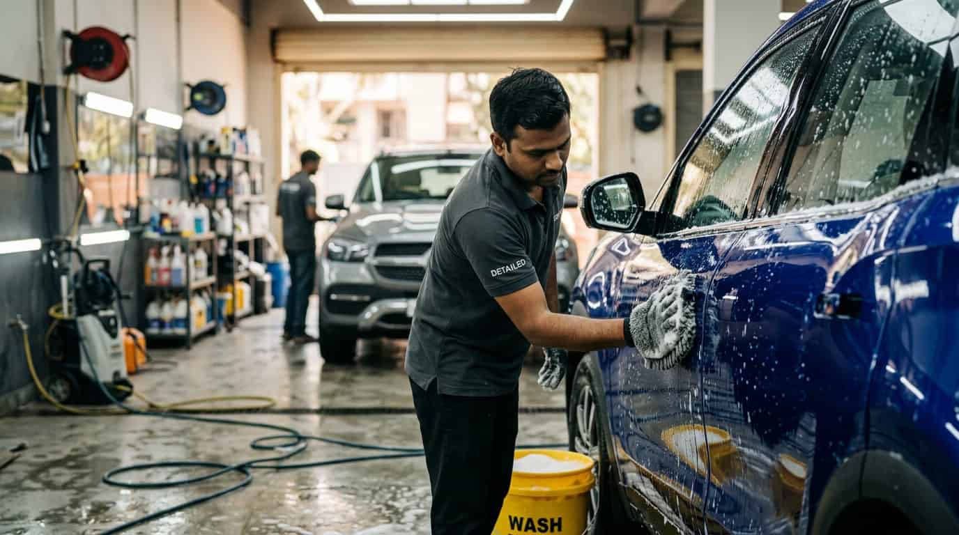 A car owner washing a sedan at home with a hose, wash mitt, and buckets in a shaded driveway