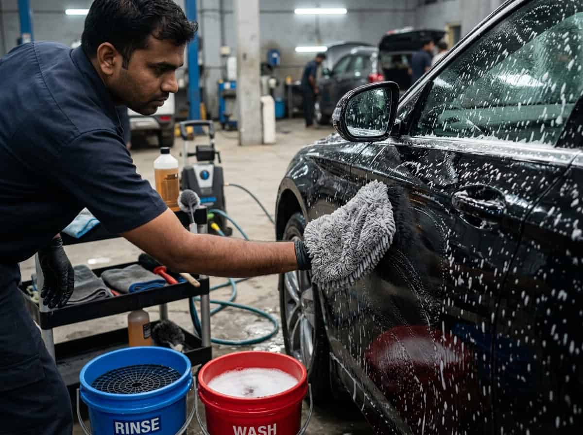 Two wash buckets, microfiber mitts, car shampoo and drying towels arranged neatly beside a car in a home driveway