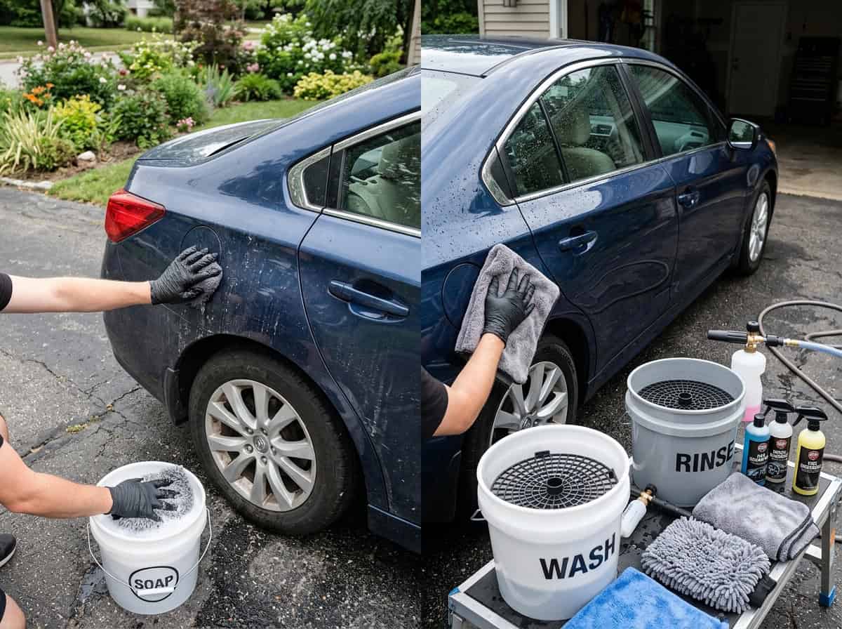 A car covered in foam during a home pre-wash before contact washing begins