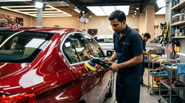 A beginner using a dual-action polisher on a car bonnet inside a detailing bay