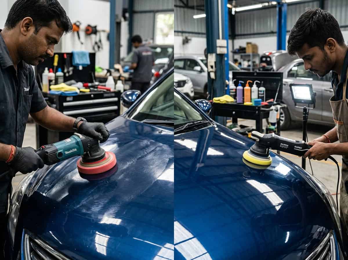 A close-up of a dual-action polishing machine and foam pads beside a car with visible swirls on the bonnet