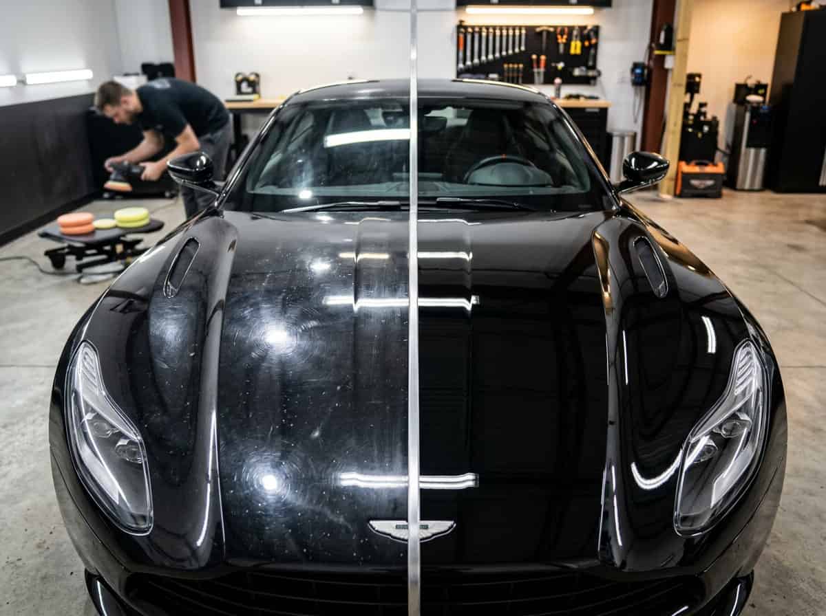 A beginner detailer using a dual-action polisher with the pad kept flat on a car door panel