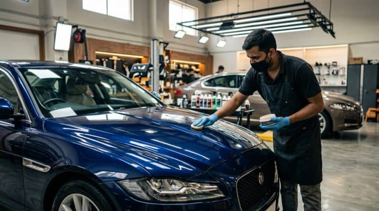 Two car wax tins and applicator pads displayed beside a glossy black car under workshop lighting