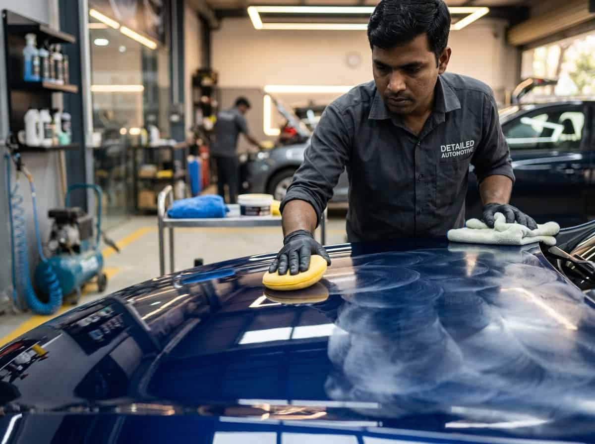 A tin of carnauba wax, foam applicator pad, and a dark car panel showing a warm glossy reflection