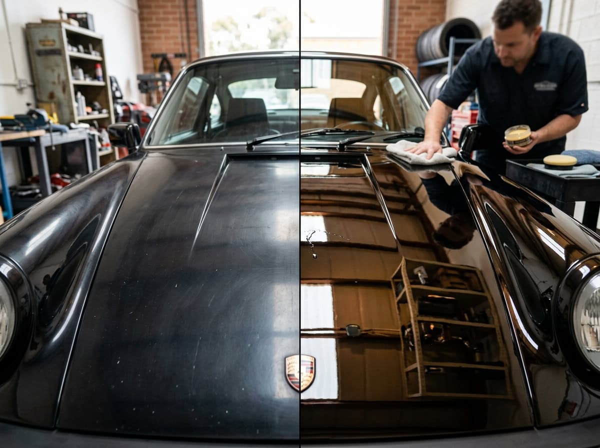 A glossy white car in sunlight with water beading after a fresh coat of synthetic wax