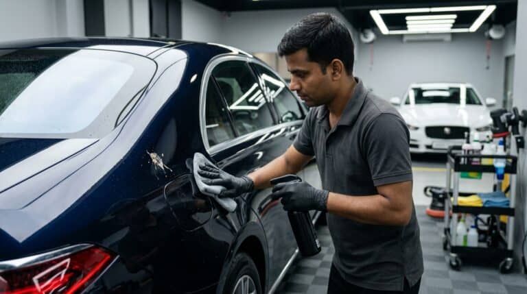 A close-up of a microfiber towel gently lifting bird droppings from a car bonnet parked in daylight