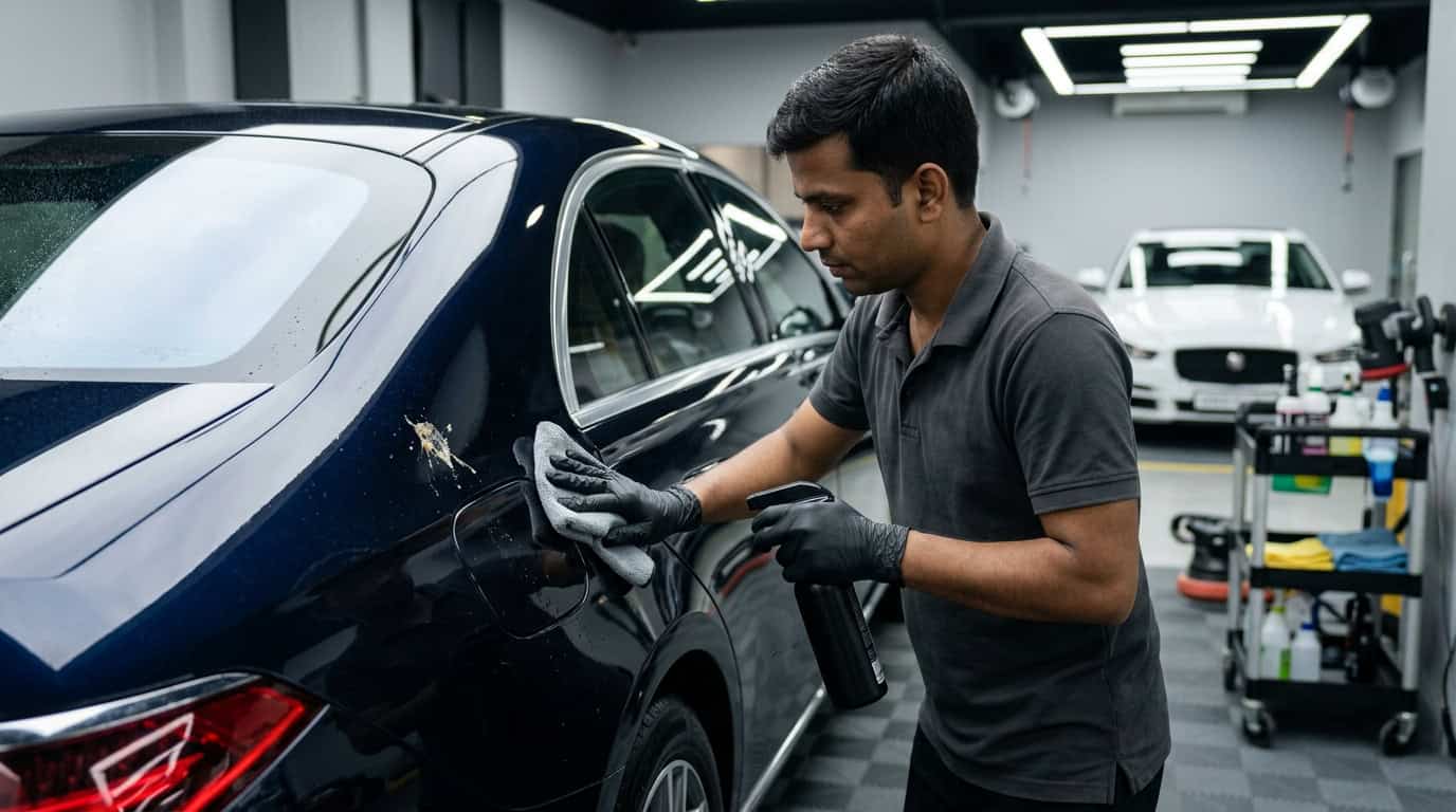 A close-up of a microfiber towel gently lifting bird droppings from a car bonnet parked in daylight