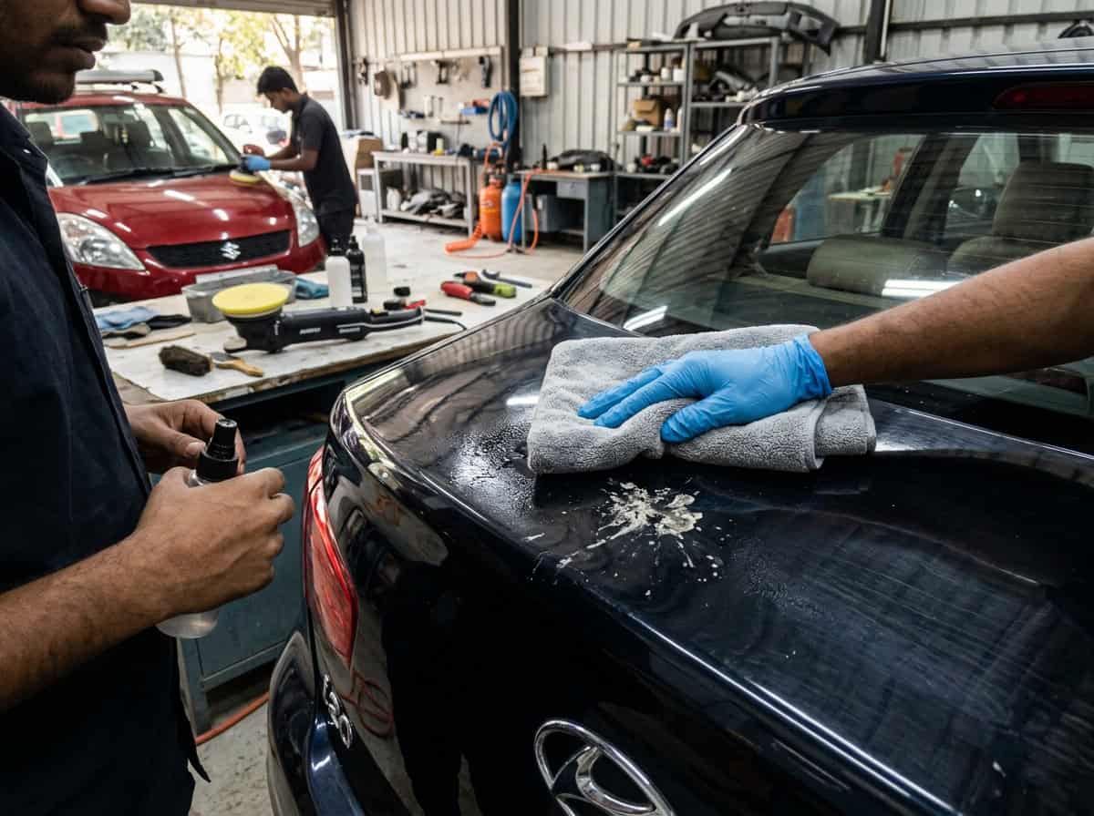 How to Remove Bird Poop from Car Paint Safely process showing the first safe detailing step on a car panel