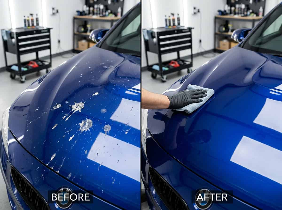 Close-up workshop-style image supporting how to remove bird poop from car paint safely