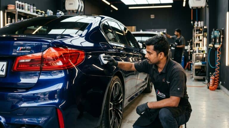 A bottle of ceramic sealant beside coating bottles and applicator blocks on a detailing table