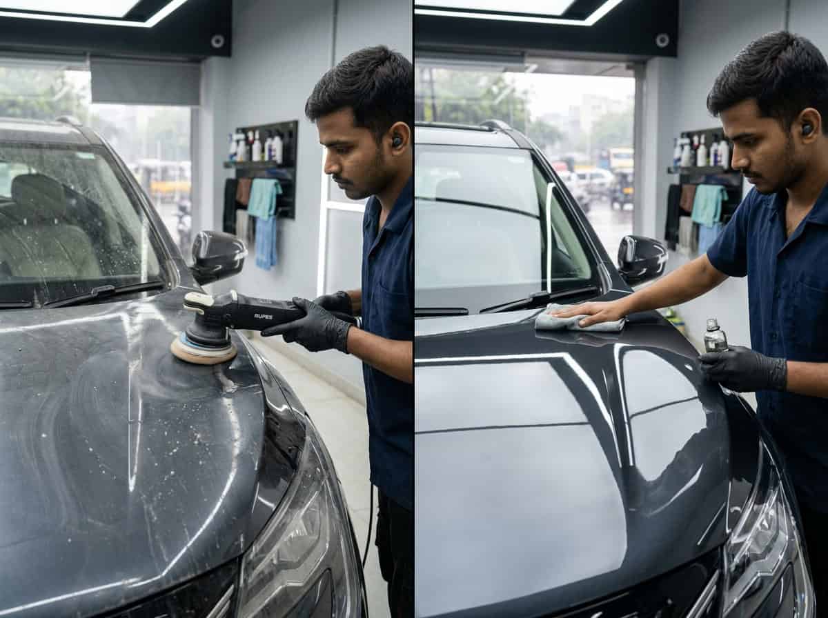 Close-up workshop-style image supporting ceramic sealant vs ceramic coating: what's the difference?