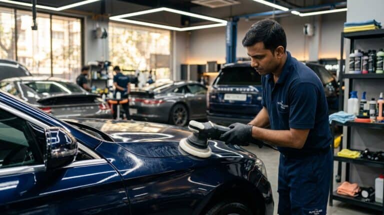 A car bonnet with visible water spots being cleaned with a microfiber towel and spray bottle