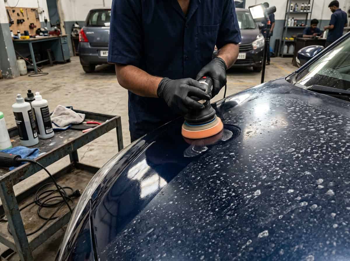 How to Remove Hard Water Stains from Car Paint process showing the first safe detailing step on a car panel