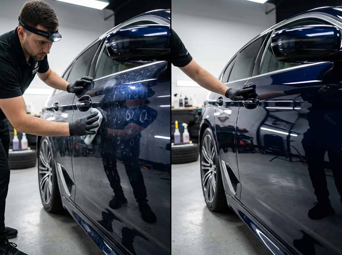 Close-up workshop-style image supporting how to remove hard water stains from car paint