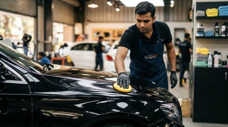 A person hand-applying car glaze to a glossy dark bonnet with a foam applicator pad