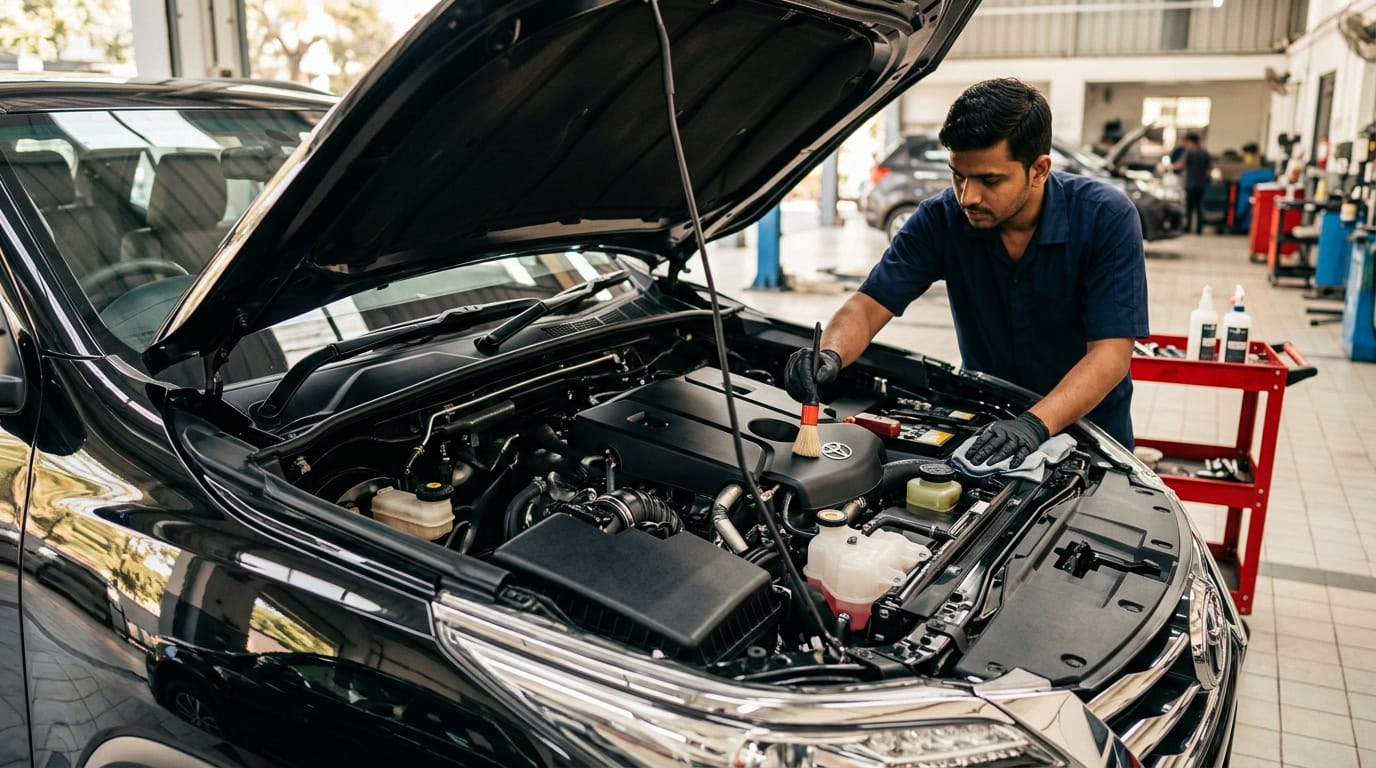 A clean modern car engine bay with protected electrical parts and a fresh satin finish